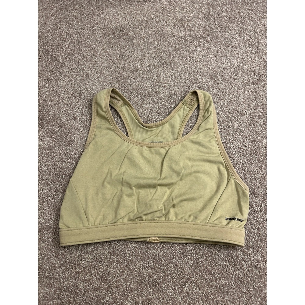 Patagonia Sports Bra Womens Medium Tan Green Excellent Racerback Mesh Activewear